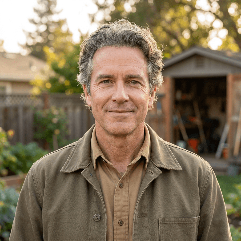 Male homeowner in his 40s smiling in front of a clean brick house exterior