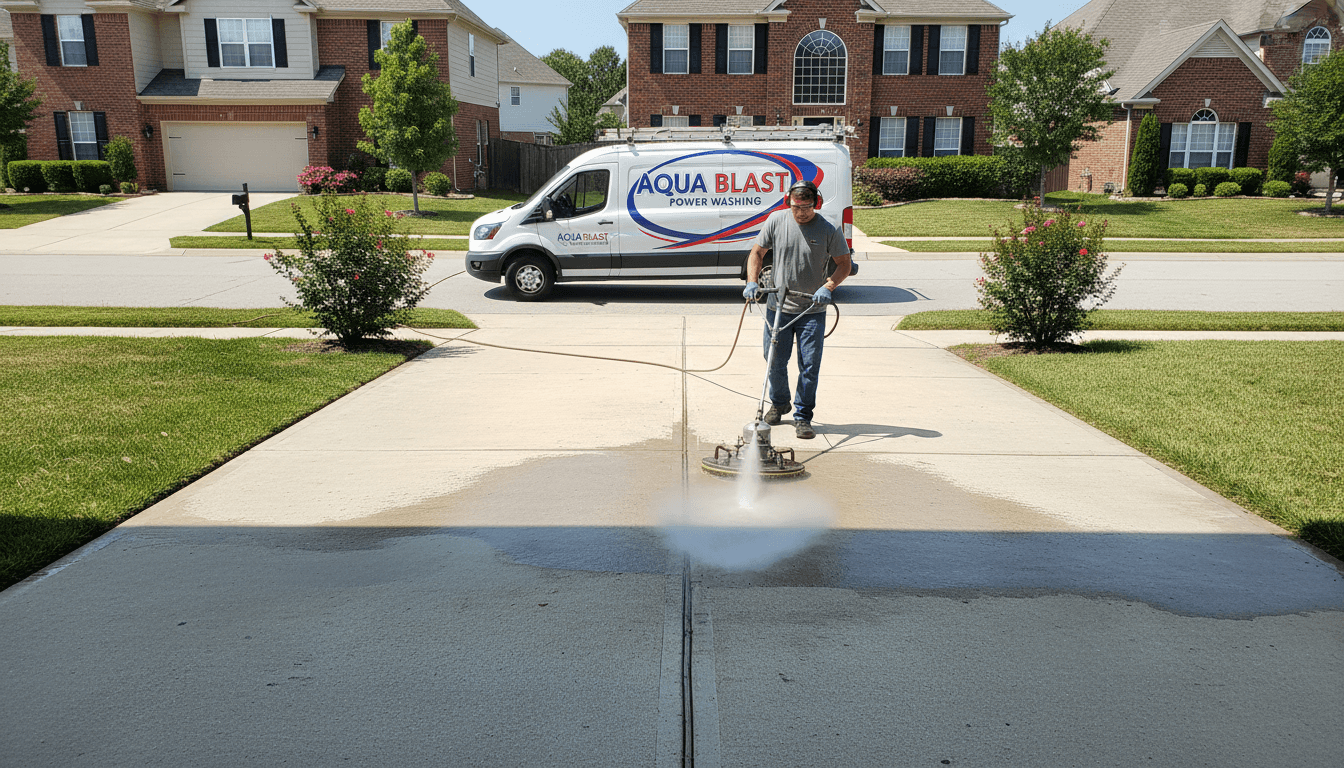 Pressure washing a concrete driveway with a spray wand
