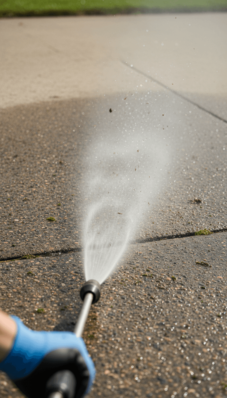 Close-up of pressure washing a driveway with a focused water spray