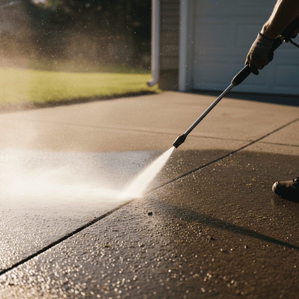 Professional cleaning a concrete driveway with a pressure washer