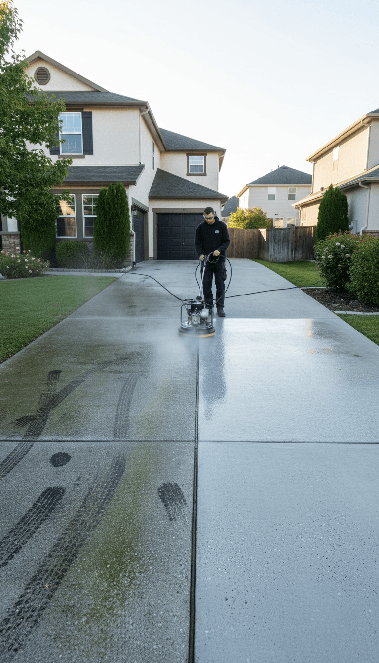 Freshly cleaned concrete driveway
