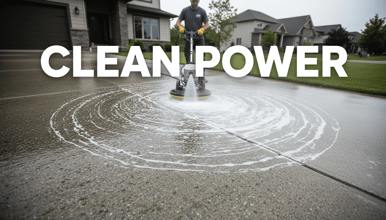 Pressure washing a concrete driveway with high-pressure water spray